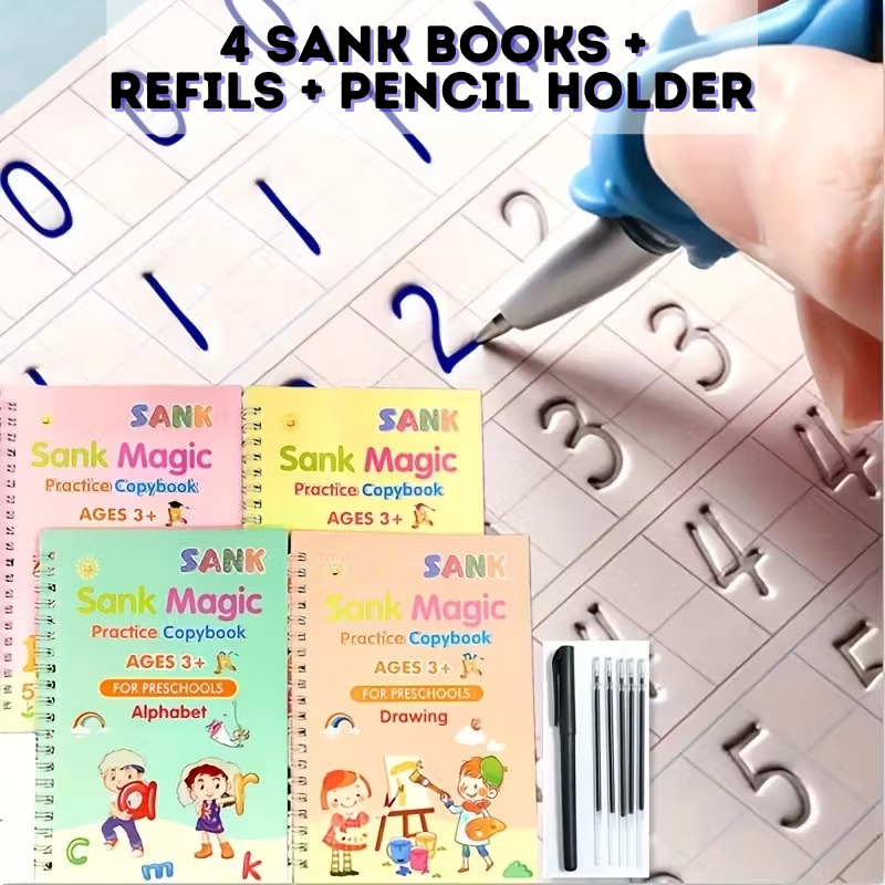 4pcs Sank Magic Books + Refills + Pencil Holder For Practice Preschools Kids Calligraphy Writing Book