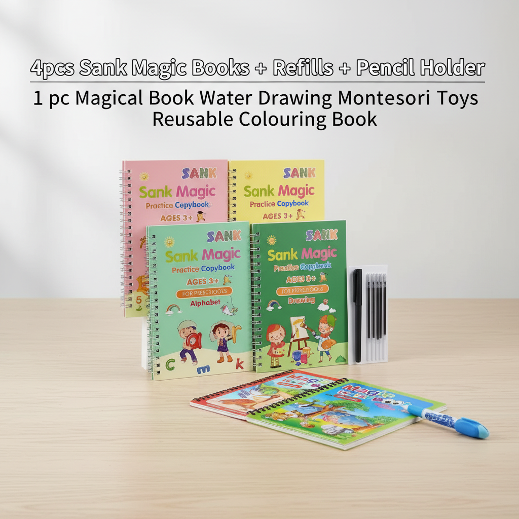 Ultimate Home‑Learning Magic Kit: Bundle Of 4pcs Sank Magic Books + 1pc Reusable Water Drawing Book